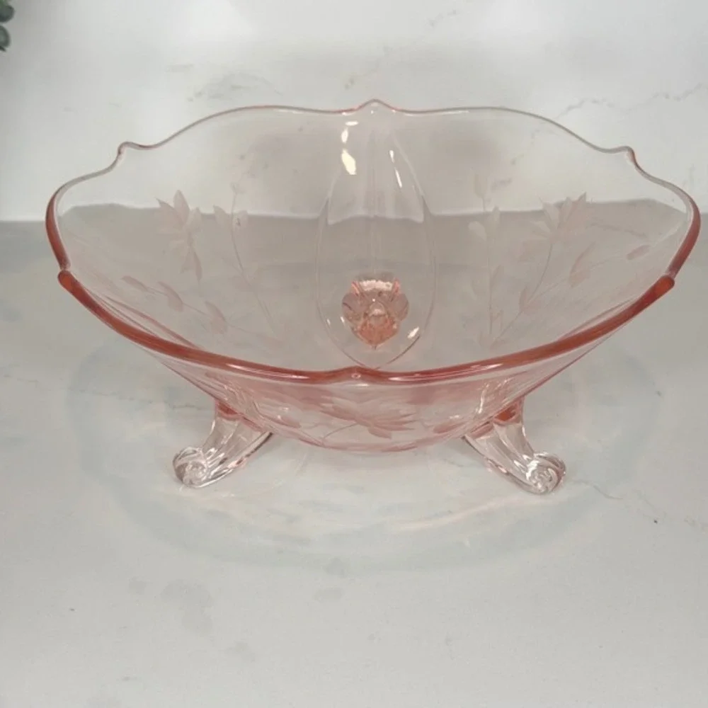Lancaster Glass Jubilee‎ Pattern Three-Footed Bowl Etched Floral Design